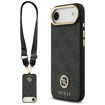 Калъф за iPhone 17 Air - Guess - 4G Strass Logo с голяма каишка, метално копче MagSafe (GUHMP17MP4G4DCSK) - Черен