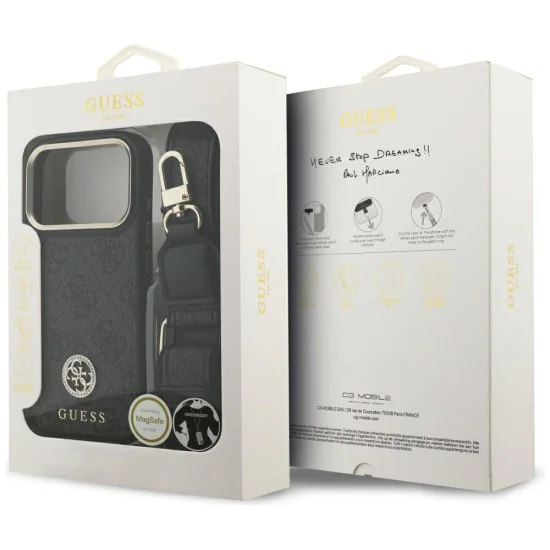 Калъф за iPhone 17 Pro - Guess - 4G Strass Logo с голяма каишка, метално копче MagSafe (GUHMP17LP4G4DCSK) - Черен