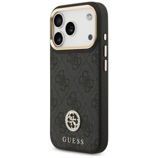 Калъф за iPhone 17 Pro - Guess - 4G Strass Logo с голяма каишка, метално копче MagSafe (GUHMP17LP4G4DCSK) - Черен