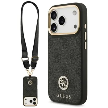Калъф за iPhone 17 Pro - Guess - 4G Strass Logo с голяма каишка, метално копче MagSafe (GUHMP17LP4G4DCSK) - Черен