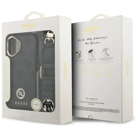 Калъф за iPhone 17 - Guess - 4G Strass Logo с голяма каишка, метално копче MagSafe (GUHMP17SP4G4DCSK) - Черен