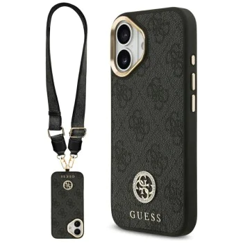 Калъф за iPhone 17 - Guess - 4G Strass Logo с голяма каишка, метално копче MagSafe (GUHMP17SP4G4DCSK) - Черен