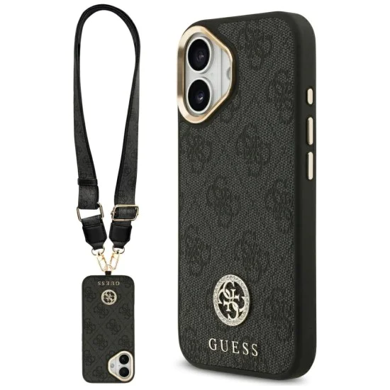 Калъф за iPhone 17 - Guess - 4G Strass Logo с голяма каишка, метално копче MagSafe (GUHMP17SP4G4DCSK) - Черен