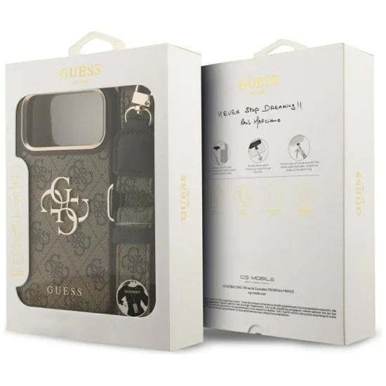 Калъф за iPhone 17 Pro Max - Guess - Голямо 4G класическо лого с големи метални копчета на каишката (GUHCP17XP4G4BCSW) - Кафяв