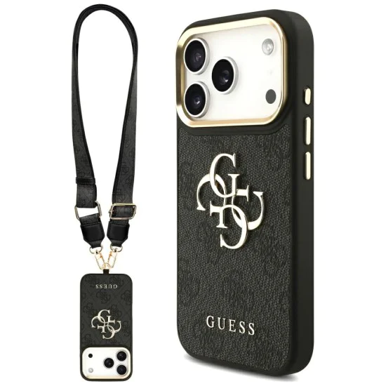 Калъф за iPhone 17 Pro - Guess - Голямо 4G класическо лого с големи метални копчета за каишка (GUHCP17LP4G4BCSK) - Черен