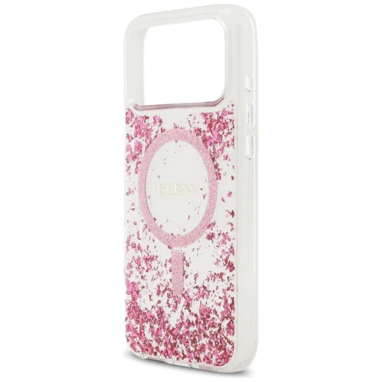 Калъф за iPhone 17 Pro Max - Guess - С брокатено дъно от смола MagSafe (GUHMP17XRGRGEP) - Розов