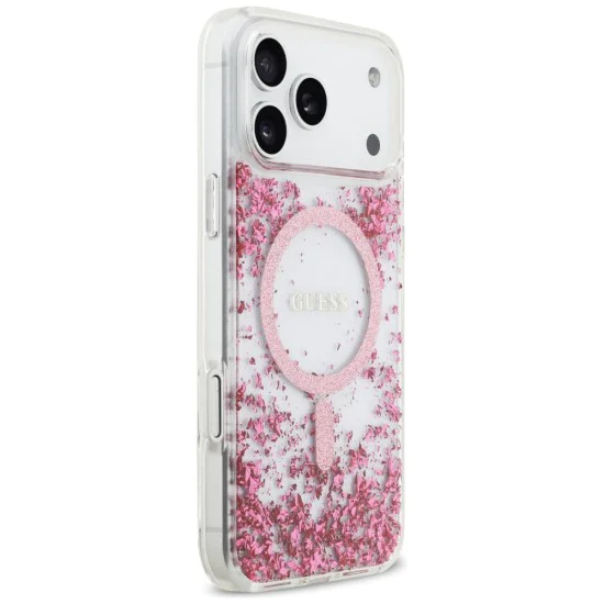 Калъф за iPhone 17 Pro Max - Guess - С брокатено дъно от смола MagSafe (GUHMP17XRGRGEP) - Розов