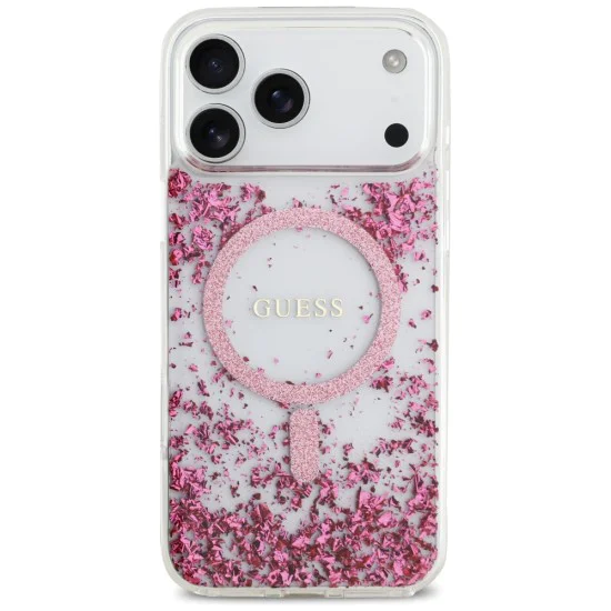 Калъф за iPhone 17 Pro Max - Guess - С брокатено дъно от смола MagSafe (GUHMP17XRGRGEP) - Розов