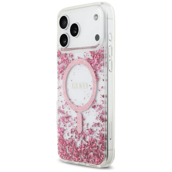 Калъф за iPhone 17 Pro Max - Guess - С брокатено дъно от смола MagSafe (GUHMP17XRGRGEP) - Розов