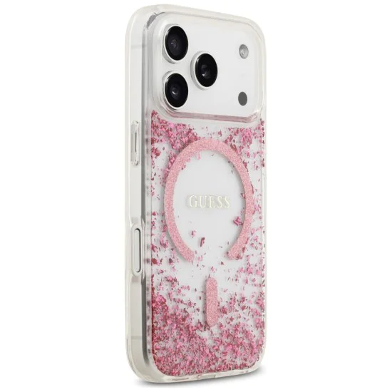 Калъф за iPhone 17 Pro - Guess - С брокатено дъно от смола MagSafe (GUHMP17LRGRGEP) - Розов