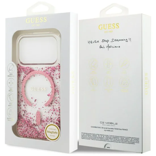 Калъф за iPhone 17 Pro - Guess - С брокатено дъно от смола MagSafe (GUHMP17LRGRGEP) - Розов