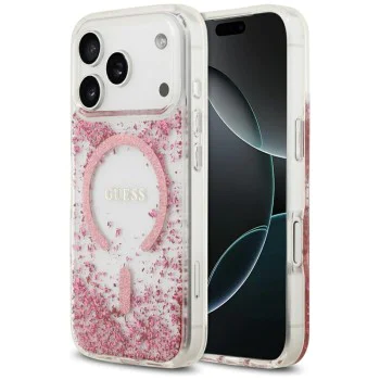 Калъф за iPhone 17 Pro - Guess - С брокатено дъно от смола MagSafe (GUHMP17LRGRGEP) - Розов