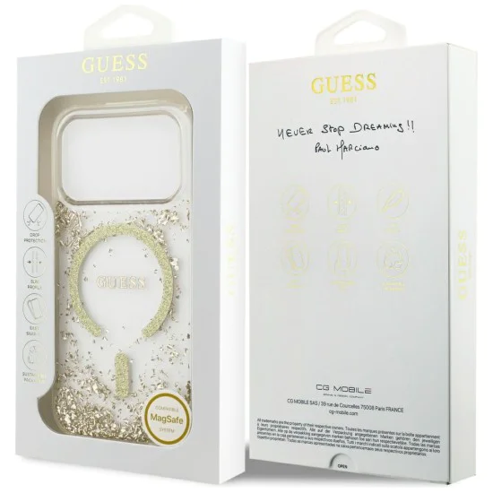 Калъф за iPhone 17 Pro - Guess - С брокатено дъно от смола MagSafe (GUHMP17LRGRGED) - Златист