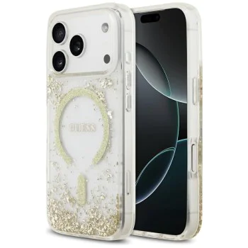 Калъф за iPhone 17 Pro - Guess - С брокатено дъно от смола MagSafe (GUHMP17LRGRGED) - Златист
