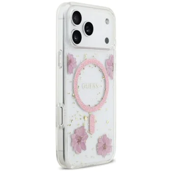 Калъф за iPhone 17 Pro - Guess - Смолени цветя и брокат MagSafe (GUHMP17LRBFGFGMP) - Розов