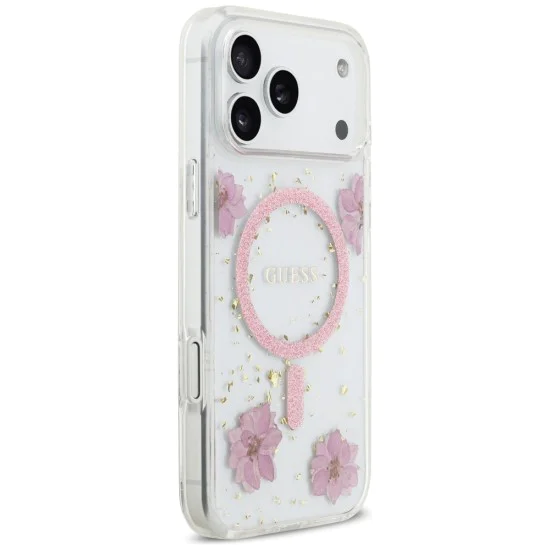 Калъф за iPhone 17 Pro - Guess - Смолени цветя и брокат MagSafe (GUHMP17LRBFGFGMP) - Розов