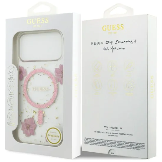 Калъф за iPhone 17 Pro - Guess - Смолени цветя и брокат MagSafe (GUHMP17LRBFGFGMP) - Розов