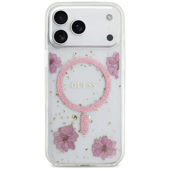 Калъф за iPhone 17 Pro - Guess - Смолени цветя и брокат MagSafe (GUHMP17LRBFGFGMP) - Розов