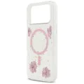 Калъф за iPhone 17 Pro - Guess - Смолени цветя и брокат MagSafe (GUHMP17LRBFGFGMP) - Розов