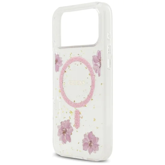 Калъф за iPhone 17 Pro - Guess - Смолени цветя и брокат MagSafe (GUHMP17LRBFGFGMP) - Розов