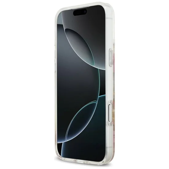 Калъф за iPhone 17 Pro - Guess - Смолени цветя и брокат MagSafe (GUHMP17LRBFGFGMP) - Розов