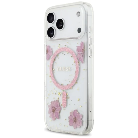 Калъф за iPhone 17 Pro - Guess - Смолени цветя и брокат MagSafe (GUHMP17LRBFGFGMP) - Розов