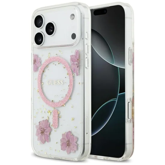 Калъф за iPhone 17 Pro - Guess - Смолени цветя и брокат MagSafe (GUHMP17LRBFGFGMP) - Розов