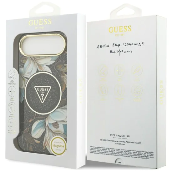 Калъф за iPhone 17 Air - Guess - IML Метален Блестящи Цветя Триъгълник MagSafe (GUHMP17MHFLPEDK) - Черен