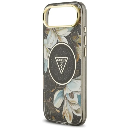 Калъф за iPhone 17 Air - Guess - IML Метален Блестящи Цветя Триъгълник MagSafe (GUHMP17MHFLPEDK) - Черен