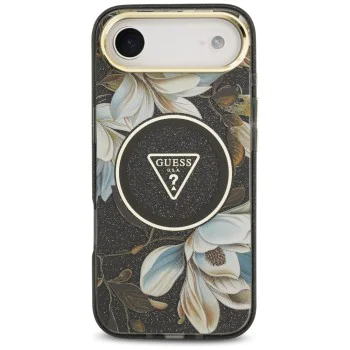 Калъф за iPhone 17 Air - Guess - IML Метален Блестящи Цветя Триъгълник MagSafe (GUHMP17MHFLPEDK) - Черен