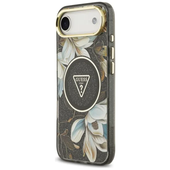 Калъф за iPhone 17 Air - Guess - IML Метален Блестящи Цветя Триъгълник MagSafe (GUHMP17MHFLPEDK) - Черен