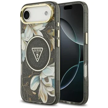 Калъф за iPhone 17 Air - Guess - IML Метален Блестящи Цветя Триъгълник MagSafe (GUHMP17MHFLPEDK) - Черен