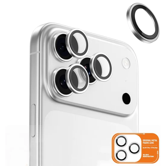 Протектор - Камера за iPhone 17 Pro / iPhone 17 Pro Max - Син - Оригинална метална рамка със стъклени лещи - Сребрист