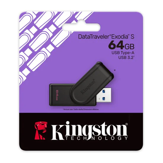 Kingston - Memory Stick DataTraveler Exodia S (DTXS/64GB) - USB 3.2 Gen 1, 64GB, Windows, macOS, Linux, Chrome OS - Черен