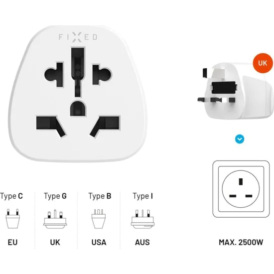 Fixed - Адаптер за пътуване (FIXCT-UK) - UK към EU/US/AUS, Универсална връзка, Мини размер, 15A/3750W - Бял