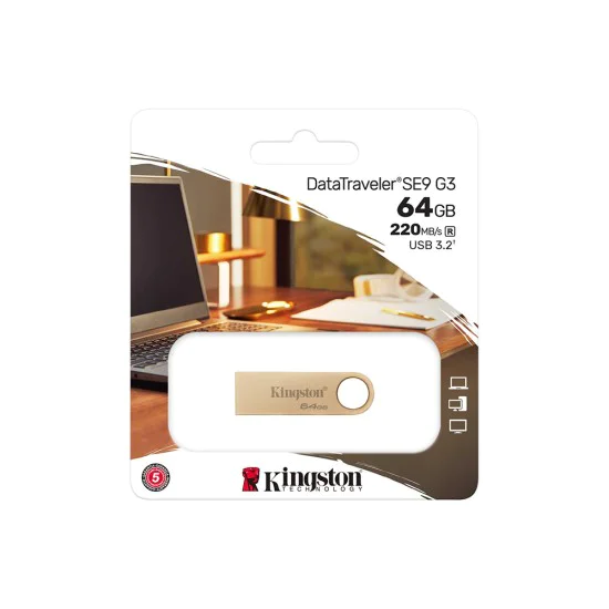 Kingston - Memory Stick DataTraveler SE9 G3 (DTSE9G3/64GB) - Premium-style, USB 3.2 gen 1, 64GB, 220MB/s четене - Златист