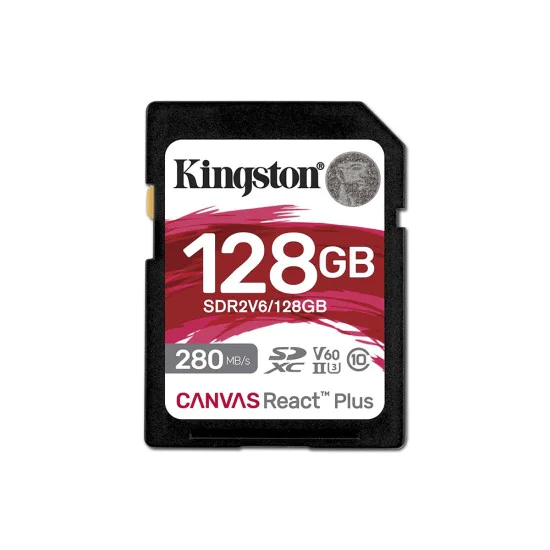 Kingston - Карта памет Canvas React Plus (SDR2V6/128GB) - SDXC, 128GB, 280MB/s, Клас 10, UHS-II, U3, V60, exFAT - Черен