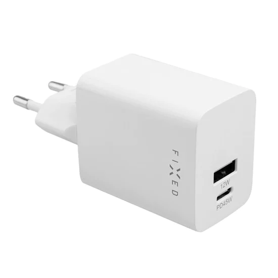 Fixed - Мини зарядно за стена (FIXC45M-CU-WH) - Бързо зареждане, USB, Type-C, PD 3.0, 45W, Компактен размер - Бял