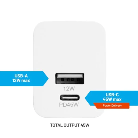 Fixed - Мини зарядно за стена (FIXC45M-CU-WH) - Бързо зареждане, USB, Type-C, PD 3.0, 45W, Компактен размер - Бял