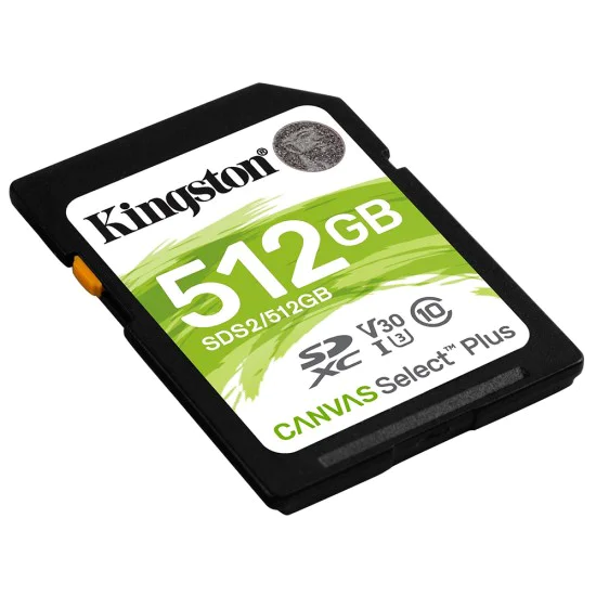 Kingston - Карта памет Canvas Select Plus (SDS2/512GB) - SDXC, 512GB, Клас 10 / UHS-I V30 - Черен