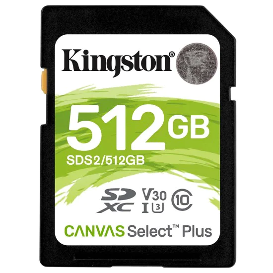 Kingston - Карта памет Canvas Select Plus (SDS2/512GB) - SDXC, 512GB, Клас 10 / UHS-I V30 - Черен