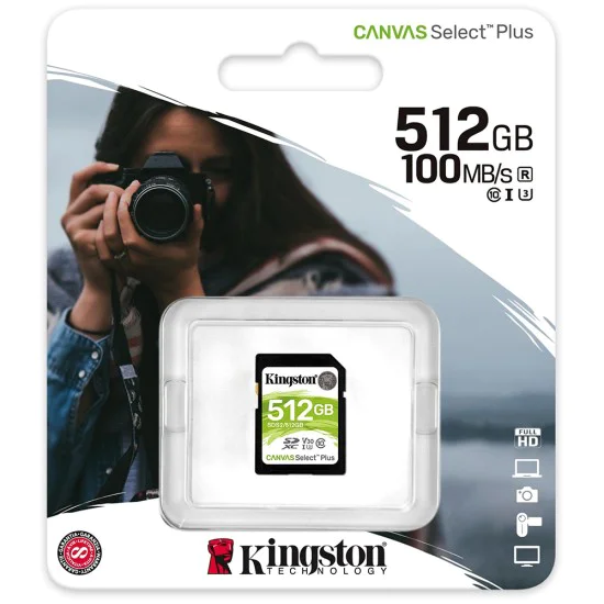 Kingston - Карта памет Canvas Select Plus (SDS2/512GB) - SDXC, 512GB, Клас 10 / UHS-I V30 - Черен
