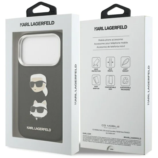Калъф за iPhone 17 Pro - Karl Lagerfeld - Твърд калъф с шарки, емблематични значки и лого на K&C (KLHCP17LPSFDHPOK) - Черен