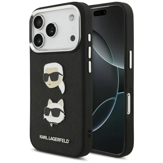 Калъф за iPhone 17 Pro - Karl Lagerfeld - Твърд калъф с шарки, емблематични значки и лого на K&C (KLHCP17LPSFDHPOK) - Черен