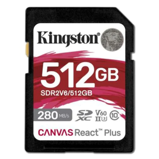 Kingston - Карта памет Canvas React Plus (SDR2V6/512GB) - SDXC, 512GB, 280MB/s, Клас 10 / UHS-II U3 ​​- Черен