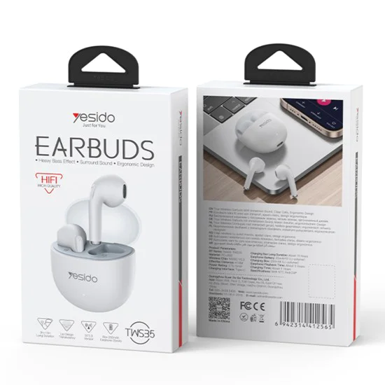 Безжични слушалки – Yesido Wireless Earbuds (TWS35) – Микрофон, Bluetooth 5.3, полу-в ухо дизайн, 250mAh – Бели