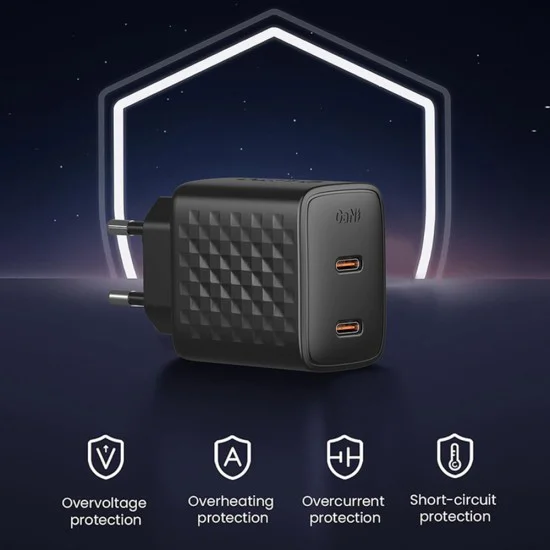 Зарядно устройство Lito - (LC22T) - с включен кабел Type-C, 2x Type-C изход, PD45W, GaN, PC Fireproof, EU щепсел - Черен