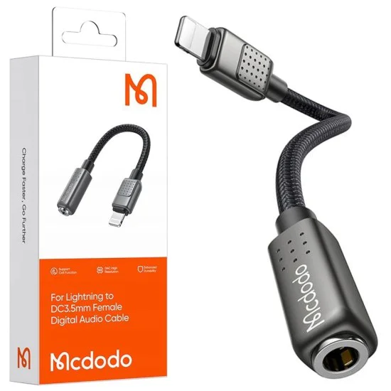 Аудио адаптер (CA-5010) - Mcdodo - Lightning (мъжко) към Jack 3.5мм (женско), оплетен, 11см - Черно