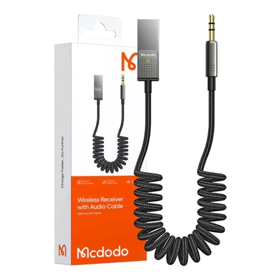 Аудио кабел – Mcdodo (CA-8700) – Type-C → Jack 3.5mm, спирален, плетен, 1.7m – Черен