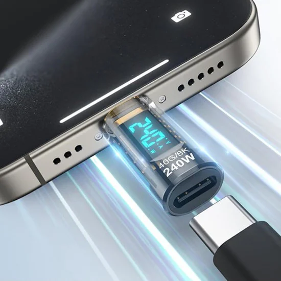 Адаптер – Techsuit DataBoost (A23) – USB-C, LED дисплей, 40Gbps, 8K@60Hz, PD240W – Сив